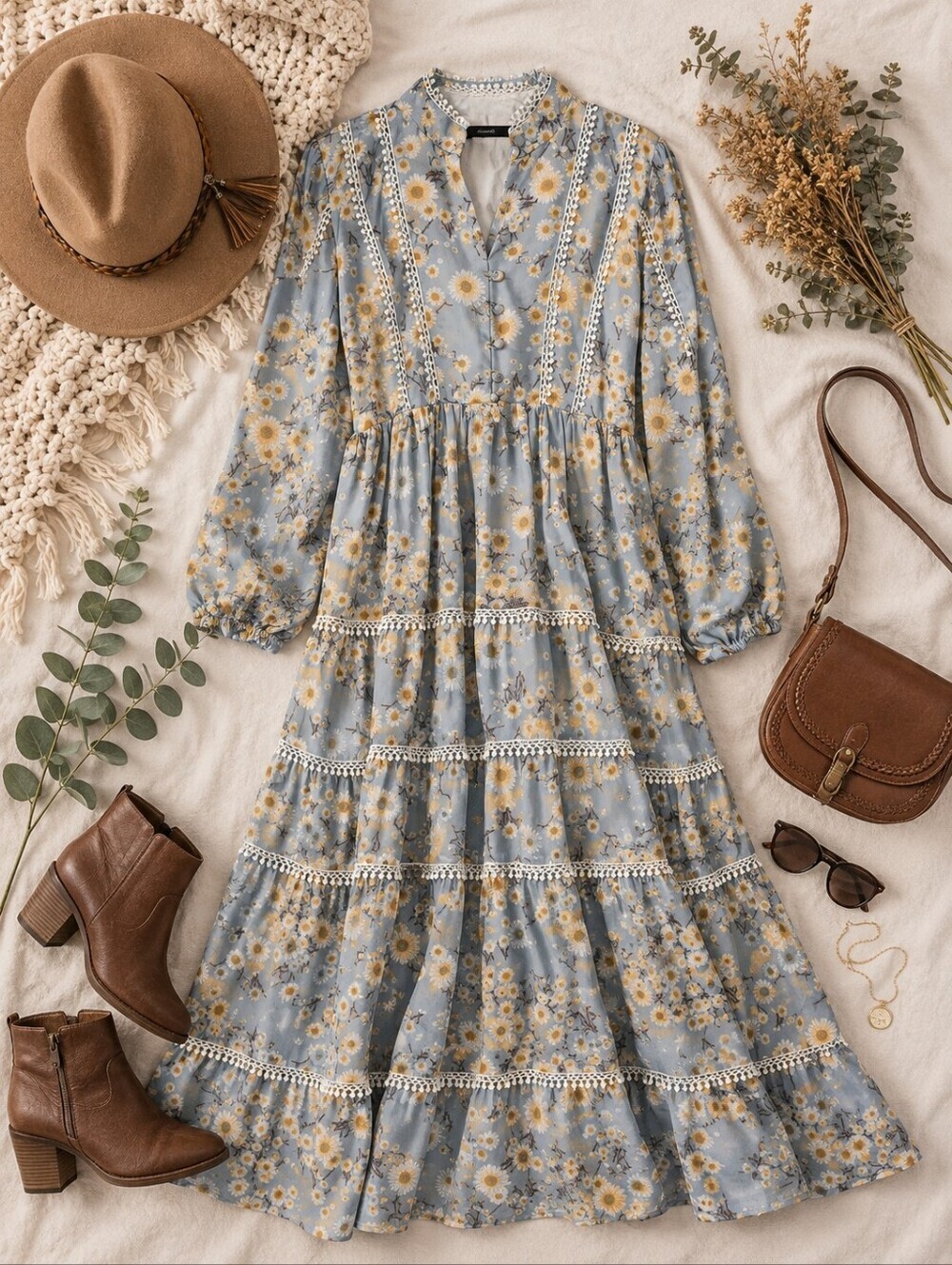 Sowears NWOT Blue W/ Yellow Floral Modest Cottage L Sleeve Tiered Maxi Dress. S